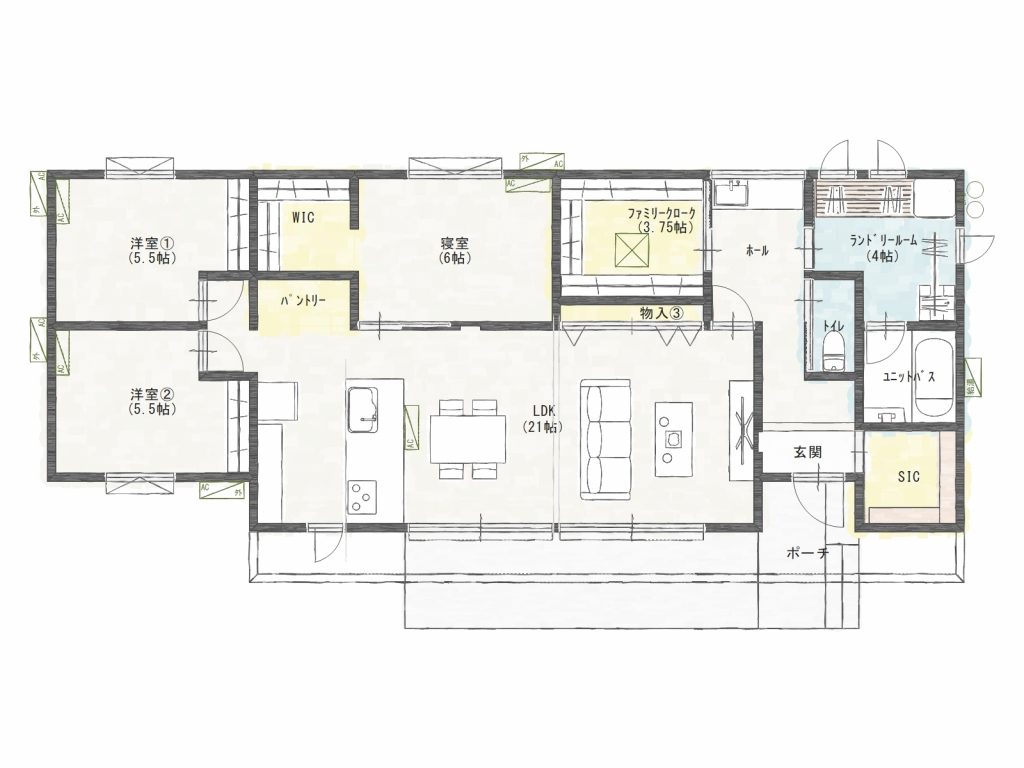 30.05坪の3LDK平屋の間取り図