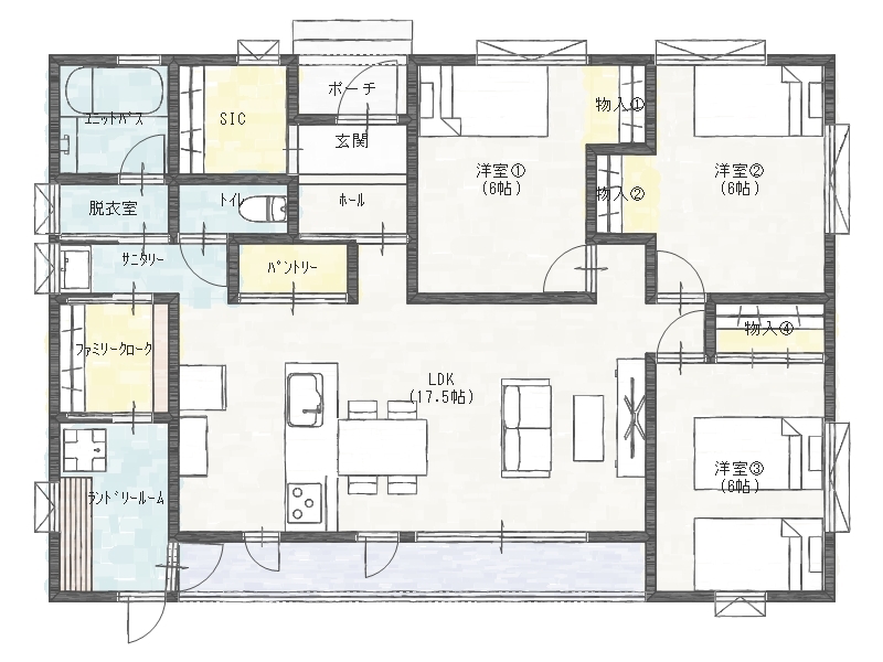26.80坪の3LDK平屋間取り図